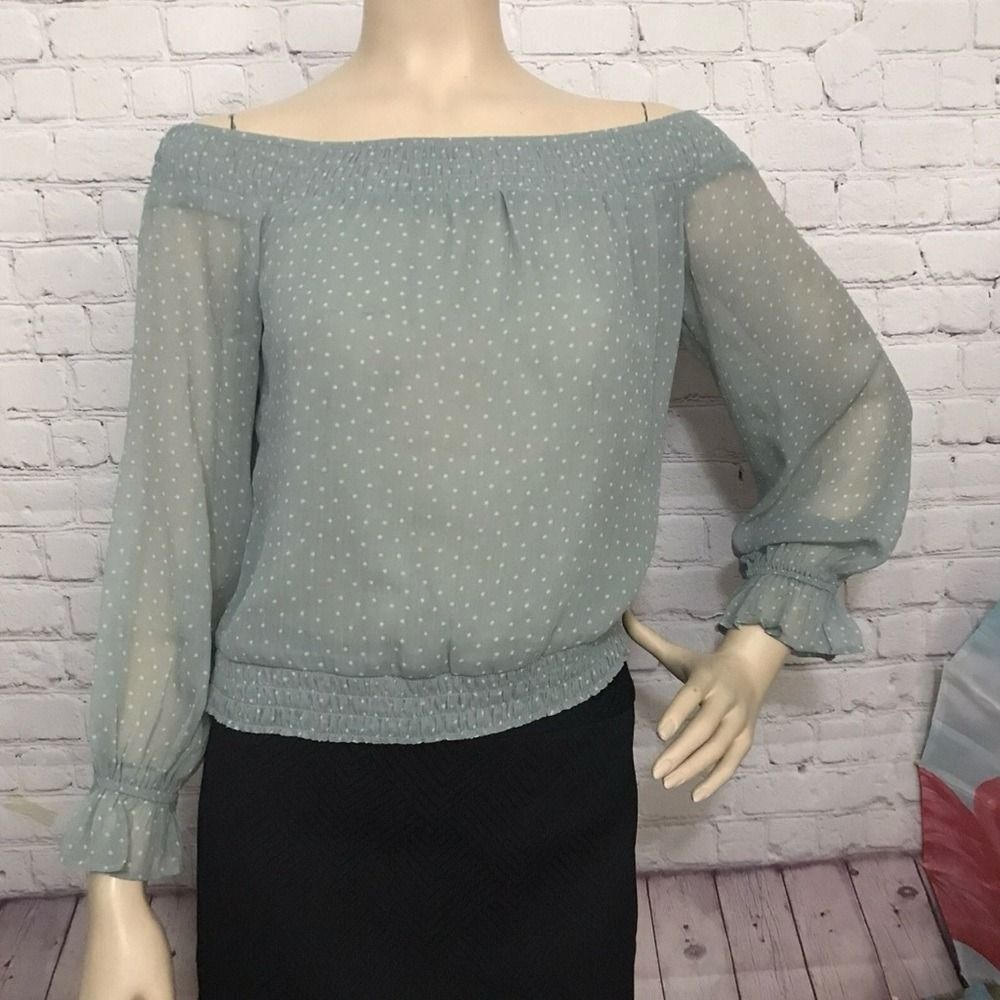 Abercrombie & Fitch Polka Dot Off Shoulder Blouse Ruffled Cuffs Women XS Green